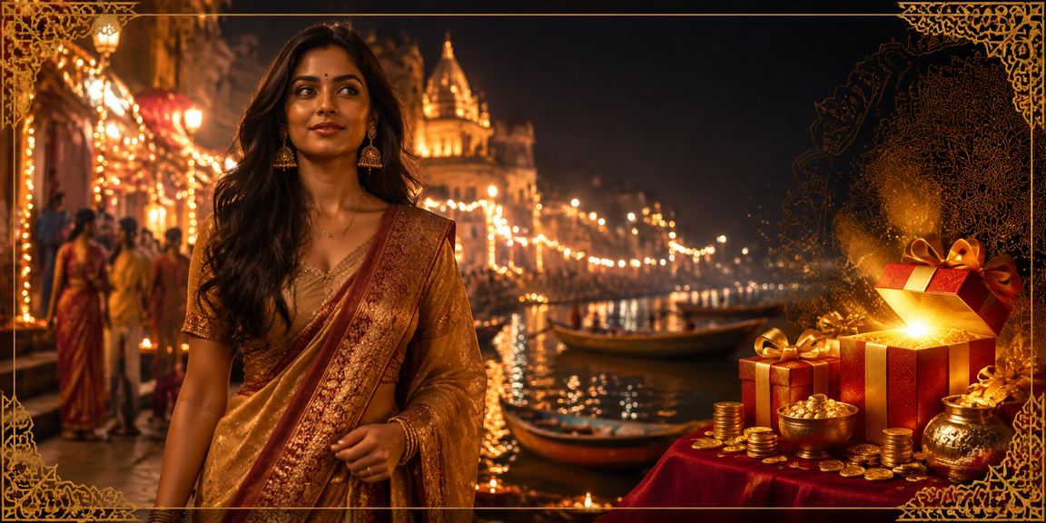 Evening market by river ghats in Varanasi with illuminated casino betting ads